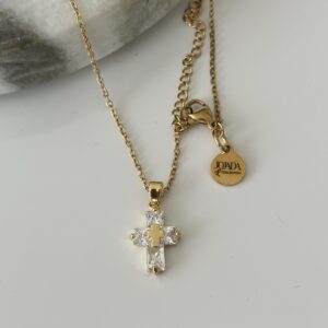 Kreuzkette aus Edelstahl  Frauen minimalistisch Gold Jesus Strass Glas